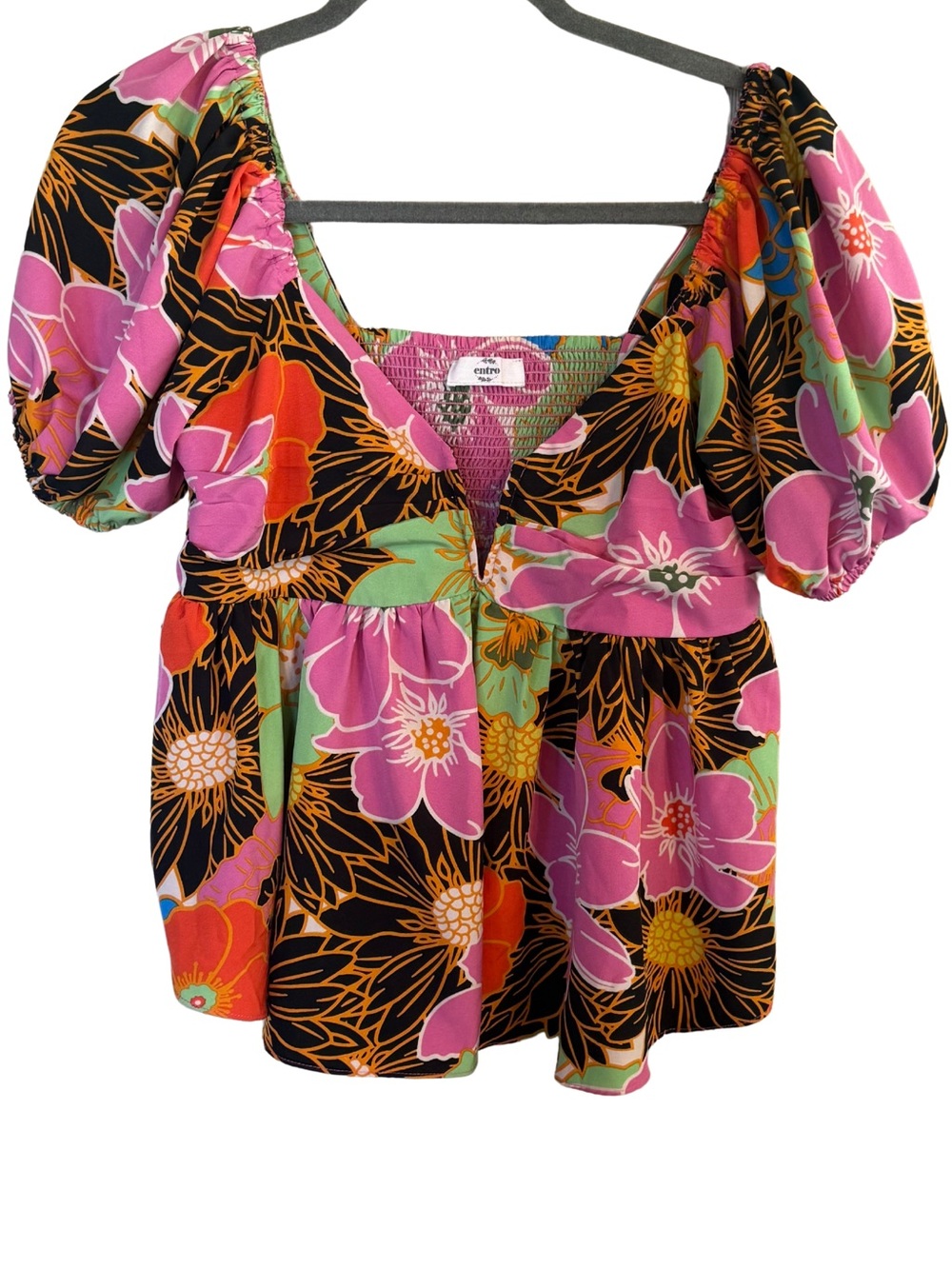 Bright Floral Puff-Sleeve Women's Top